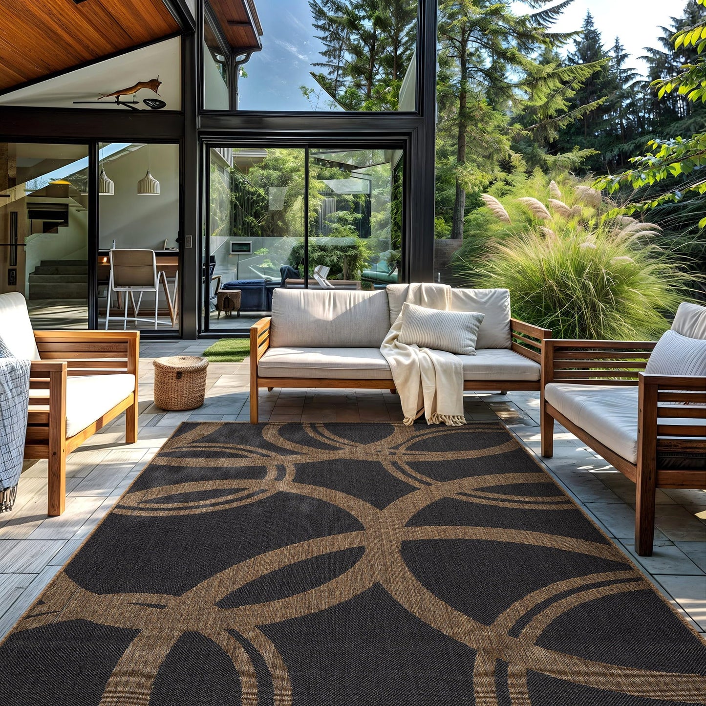 Rugshop Abstract Indoor Outdoor Flat Woven Area Rug,Natural Jute-Style,Easy-Care Patio Rug for Backyard Porch Deck Balcony, 7'10" x 10' Dark Gray/Natural