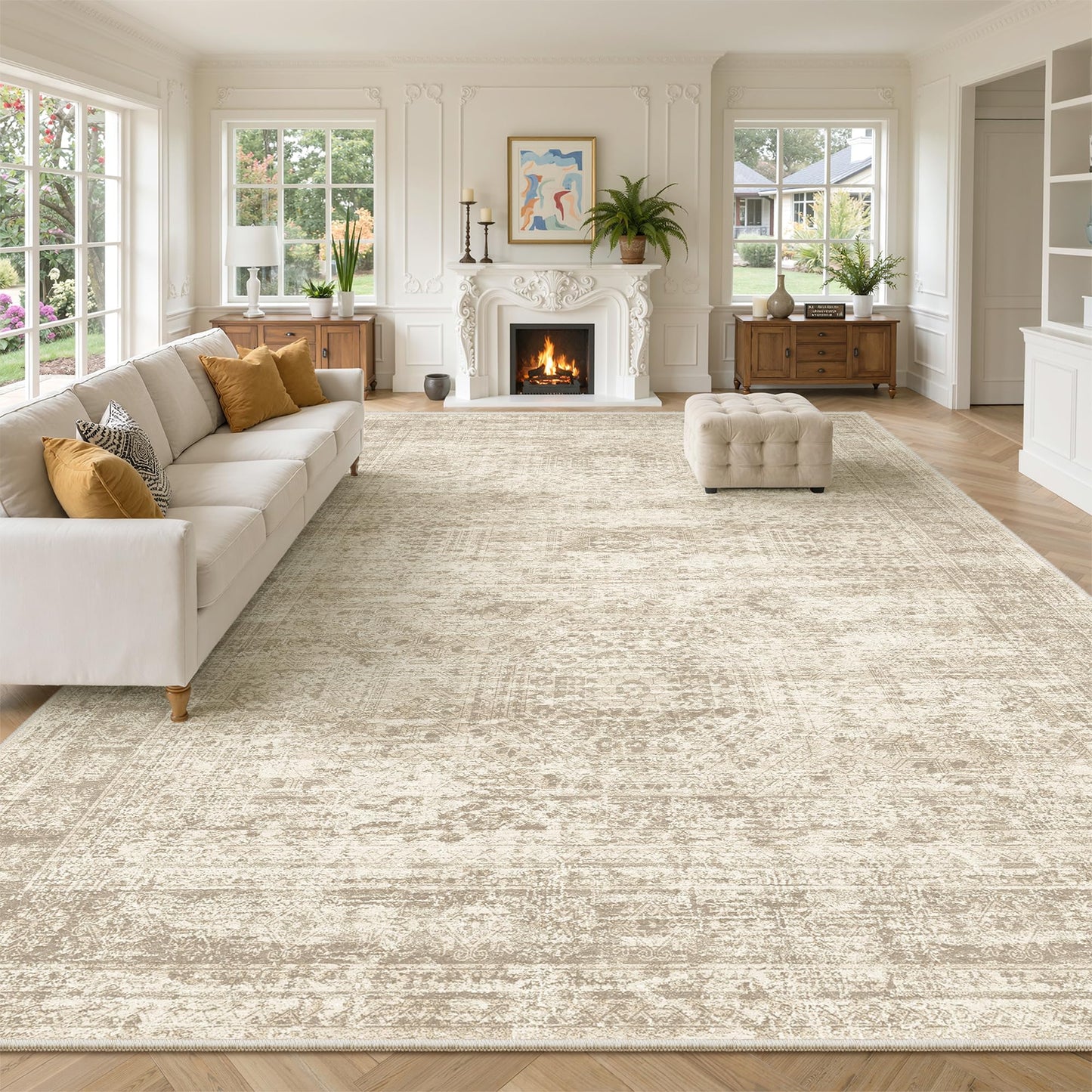 Soalmost 10x14 Area Rugs for Living Room, Non Slip Machine Washable Vintage Rugs, Low Pile Lightweight Large Rug for Bedroom, Dining Room, Home Office Beige