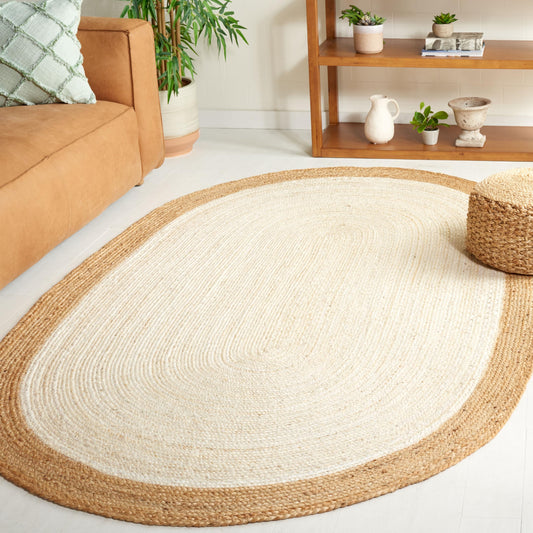 SAFAVIEH Area Rug 3x5 Oval - Natural Fiber Collection - Ivory & Natural Brown, Handmade Jute, Braided Border Design (NF801M)