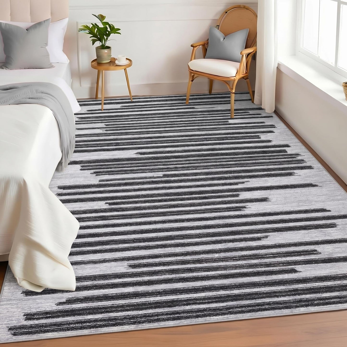 GarveeHome 8x10 Washable Living Room Rug Modern Striped Non Slip Low Pile Indoor Carpet for Home Office Bedroom Dining Room Geometric Stain Resistant Simple Rugs, Black Grey
