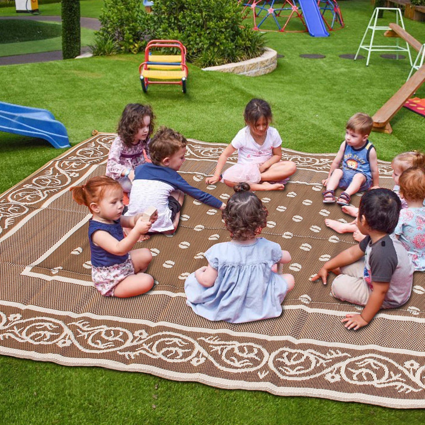 SAND MINE Reversible Mats, Plastic Straw Rug, Modern Area Rug, Large Floor Mat and Rug for Outdoors, RV, Patio, Backyard, Deck, Picnic, Beach, Trailer, Camping (9' x 12', Brown & White)