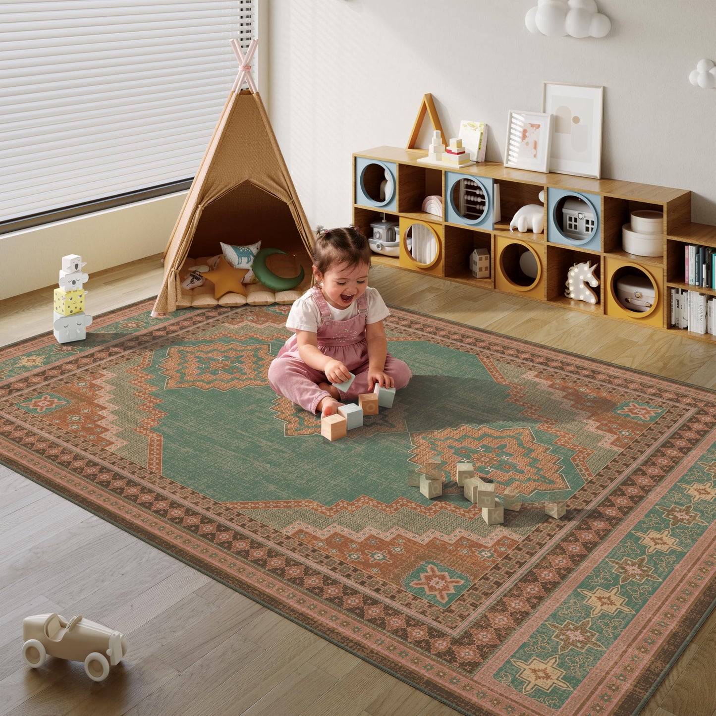 Clemile Vintage Area Rug 6x9 - Washable Ultra-Thin Area Rug Vintage Non-Slip Carpets - Soft & Stain Resistant Rug for Home Bedroom Dining Room Home Office Indoor Light Brown Tan