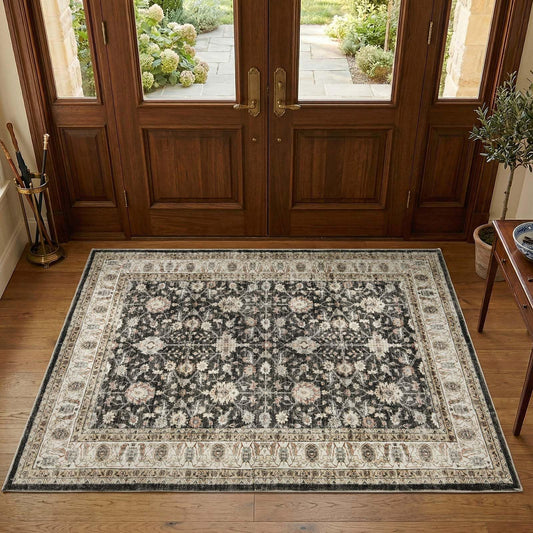 jinchan 4x6 Washable Vintage Area Rug, Distressed Traditional Floral Dining Room Rug, Soft Low-Pile Non-Slip Floor Mat for Bedroom Nursery Home Office Living Room, Black