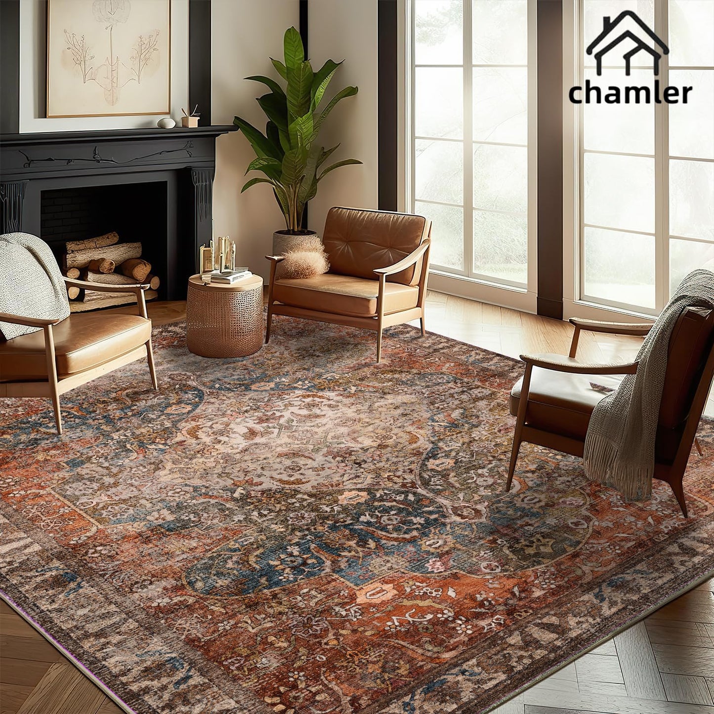 chamler 6x9 Washable Area Rug Boho Medallion Distressed Design Non-Shedding Easy Care Ideal for High Traffic Areas in Rugs for Living Room Bedroom Office Kitchen Large Carpet
