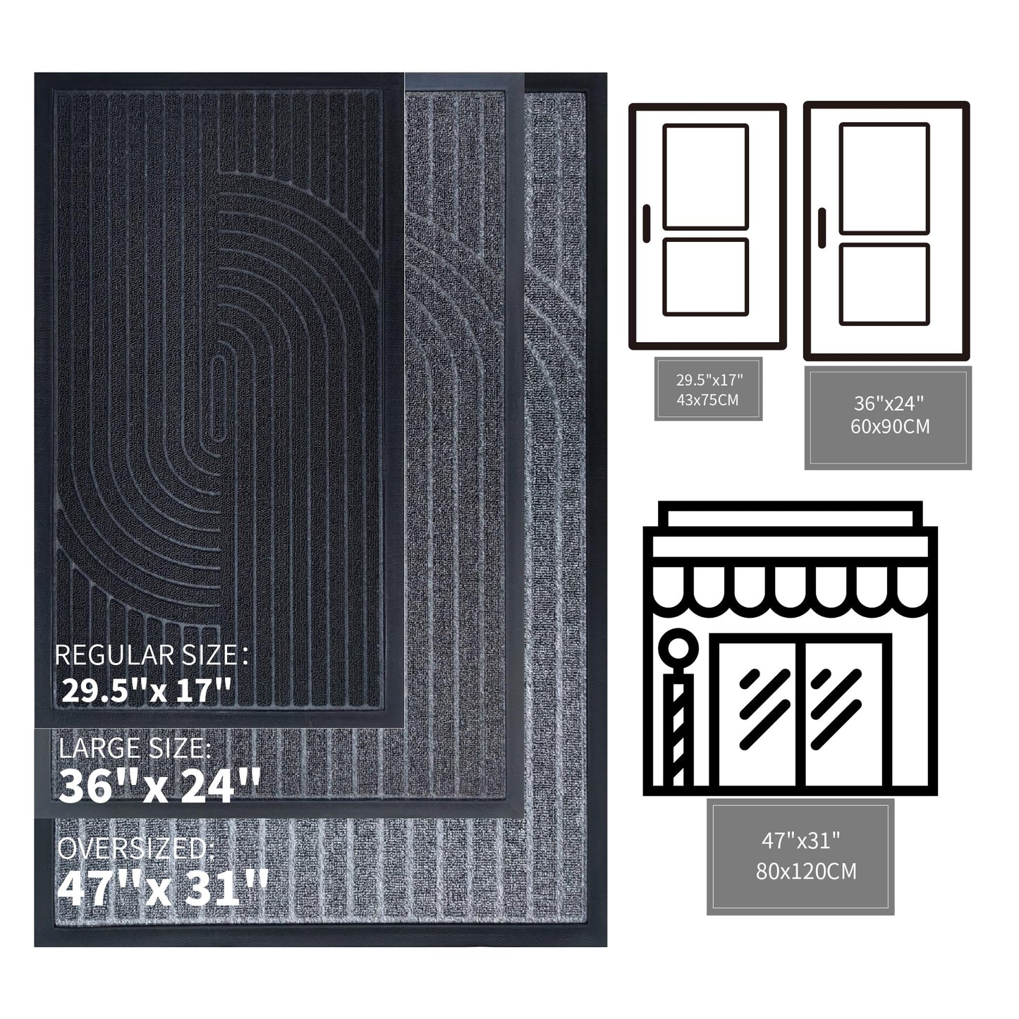 Fylyz Door Mat Outside Entrance, Durable Rubber Backing All-Season Front Door Entry Mat, Low Profile, Non-Slip and Easy Clean Indoor Door Mats for Entryway, Patio and Garage. Black, 31"x47"