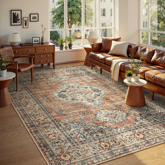 Lahome Oriental Washable Rugs 8x10, Non-Slip Soft 8x10 Rugs for Living Room Bedroom, Stain Resistant Ultra-Thin Vintage Accent Carpet for Dining Room Office Eleanor, Peach/Orange