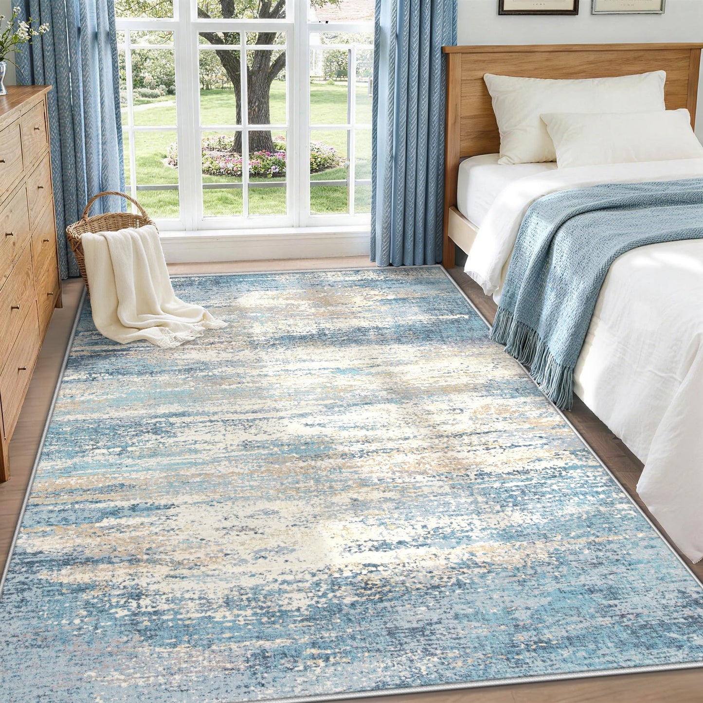 5x7 Area Rugs for Living Room: Washable Modern Abstract Rug Neutral Non-Slip Soft Low-Pile Indoor Carpet for Bedroom Nursery Dining Room Home Office (Blue Grey, 5'x7')