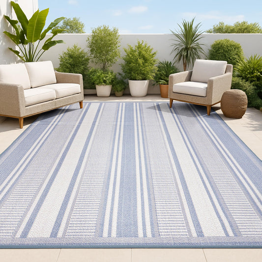 JONATHAN Y Double Stripe Indoor Outdoor Area Rug 8X10 Blue/Light Gray, Haynes Modern for Backyard, Patio, Porch, Easy-Cleaning, High Traffic, Pet-Friendly, Non-Shedding (SMB202E-8)