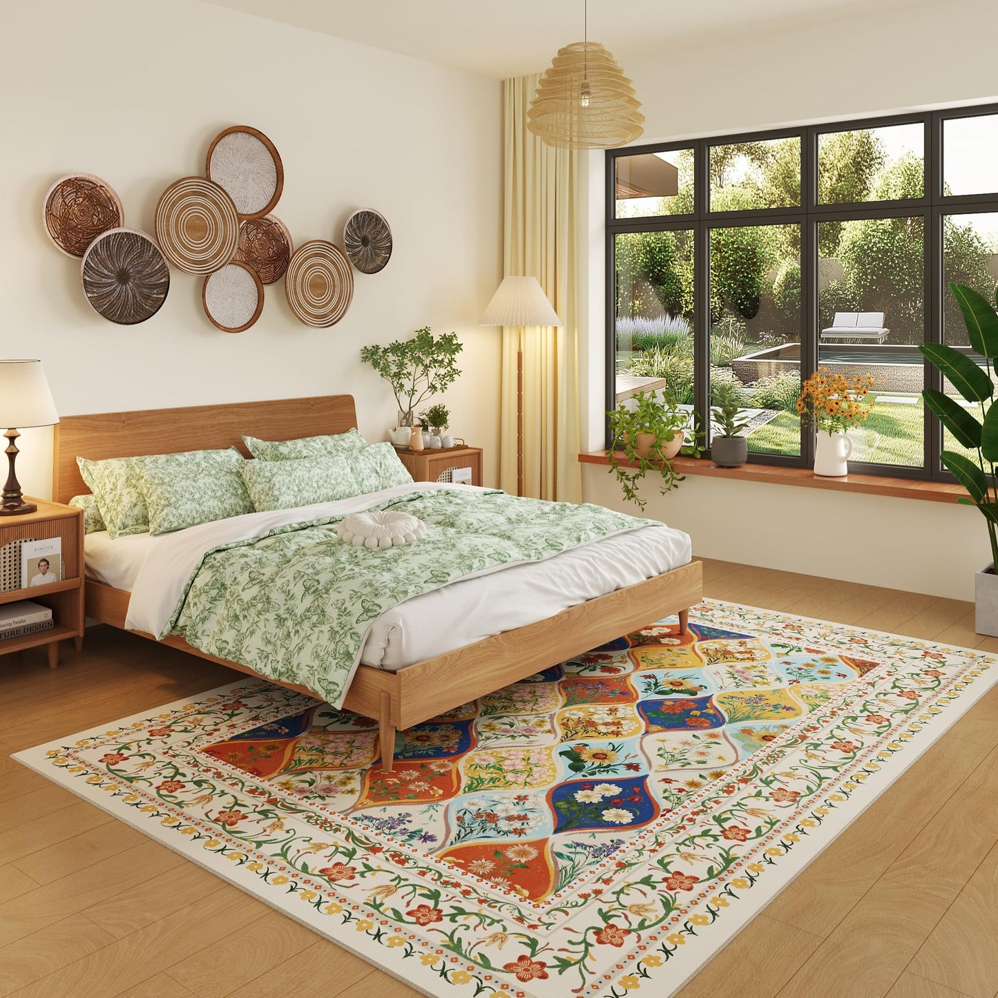 Vowkten Bohemian Geometric Floral 8x10 Area Rugs, Machine Washable, Low Pile Soft Carpet, Non-Slip for Living Room, Bedroom, Dining Room, Farmhouse, Kids Playroom, Office | Beige
