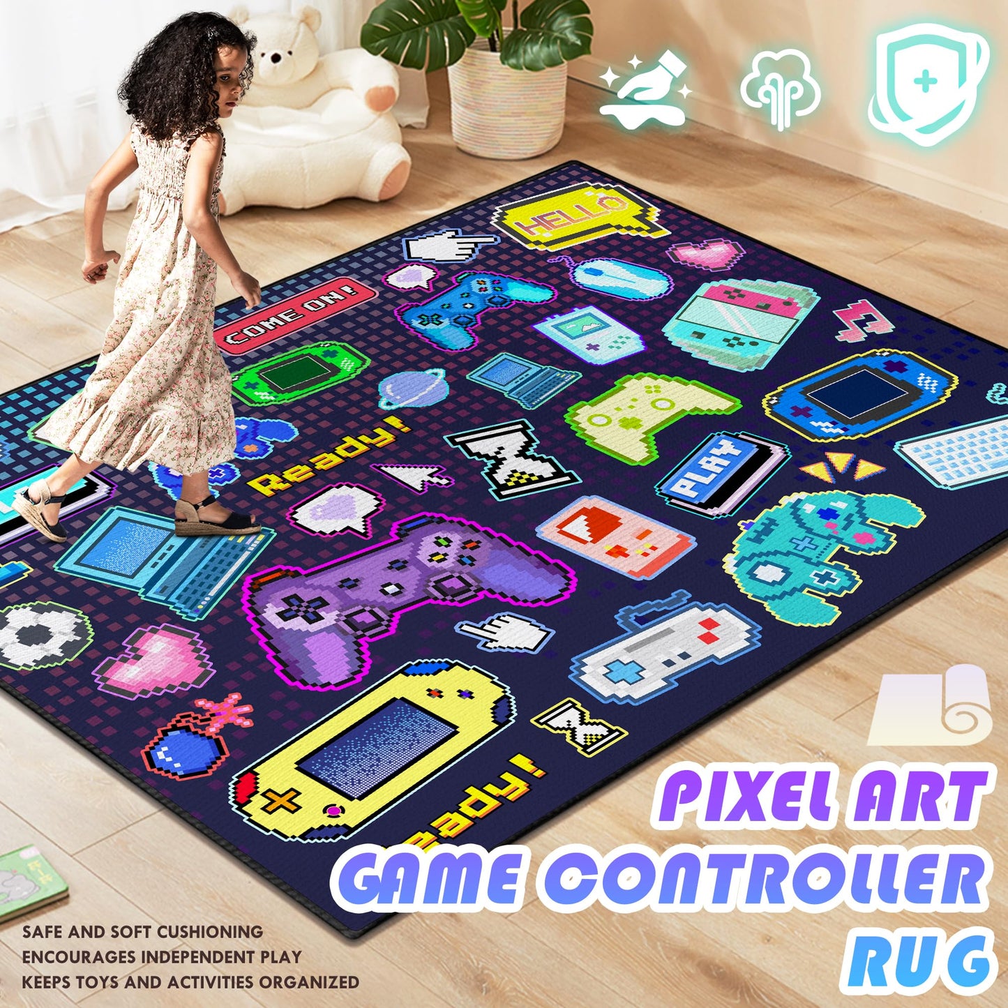 Didswuit Playing Game Rug for Bedroom, 59"x39" Pixel Game Controller Mat Gamepad Carpet for Playroom, Gaming Play Rugs Art Décor for Gamer Washable