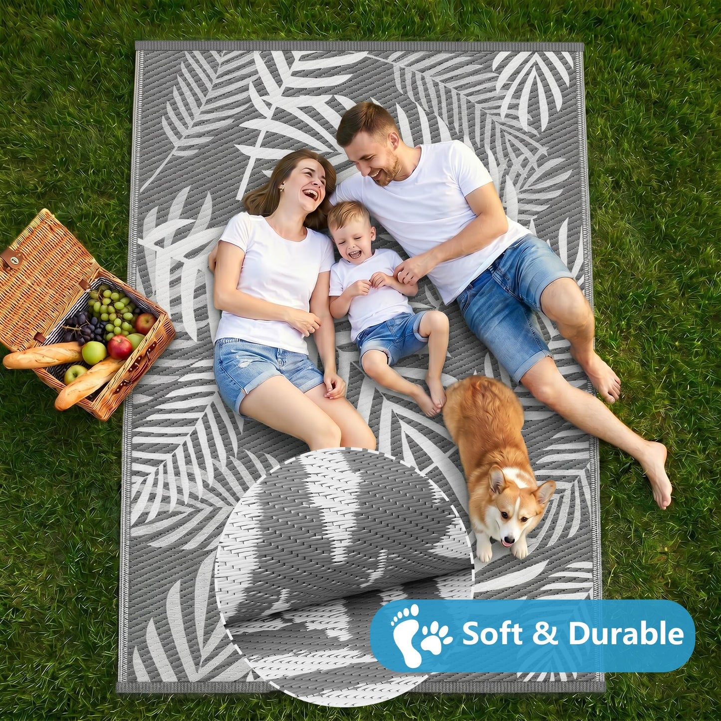 Kohree Outdoor Rug 9x12 Reversible, Waterproof Outdoor Plastic Straw Rug RV Patio Mat, Non-Slip Easy-Cleaning RV Outdoor Mat Carpet for Deck, Patio, Camping, Balcony, Deck, Backyard (Grey & White)