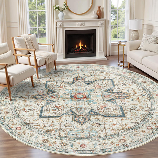 Tortania 6' Round Area Rug Living Room Rugs - Washable Boho Rug Vintage Oriental Distressed Farmhouse Large Thin Indoor Carpet for Bedroom Under Dining Table Home Office - Aqua Multi