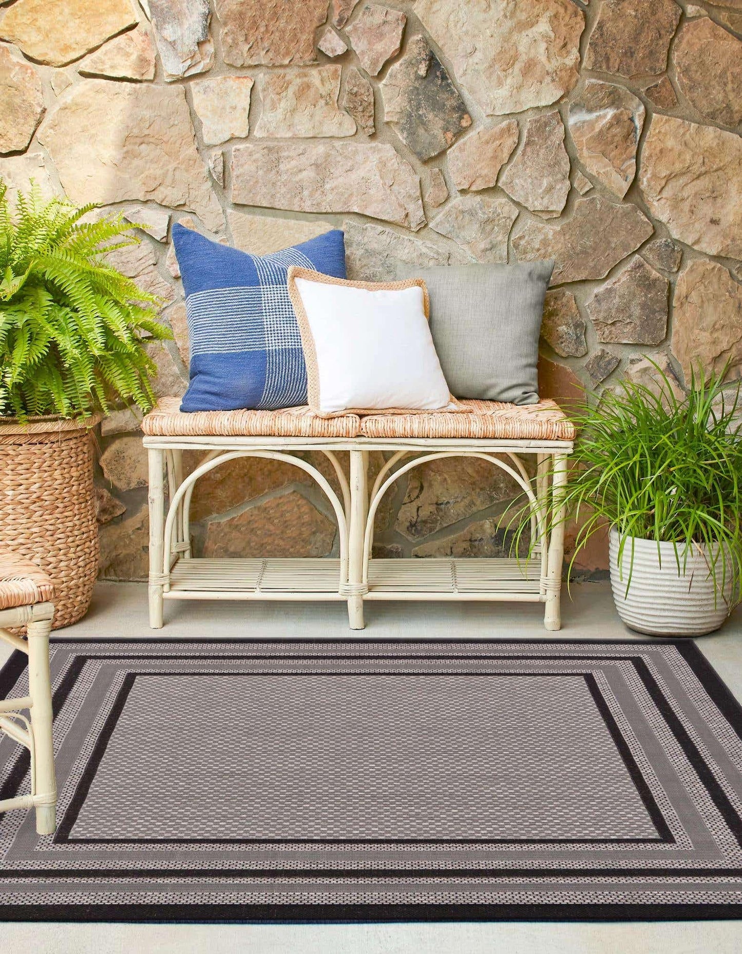 Unique Loom Outdoor Border Collection Area Rug - Multi Border (5' 3" Square Gray/Black)