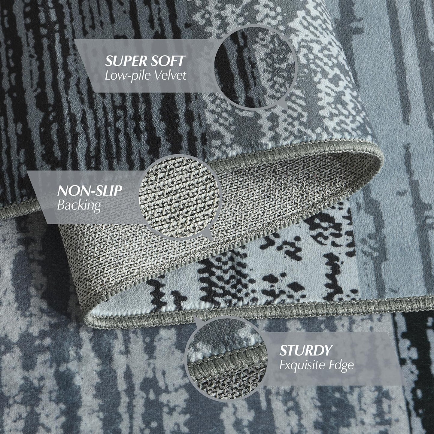 Indoor Runner Rug, Washable Runner Rug with Rubber Backing, Modern Geometric Patchwork Aesthetic Carpet for Bedroom, Living Room, Hallway, Entryway, Washable Rug Rockwood Collection, 2x6 Ft Grey