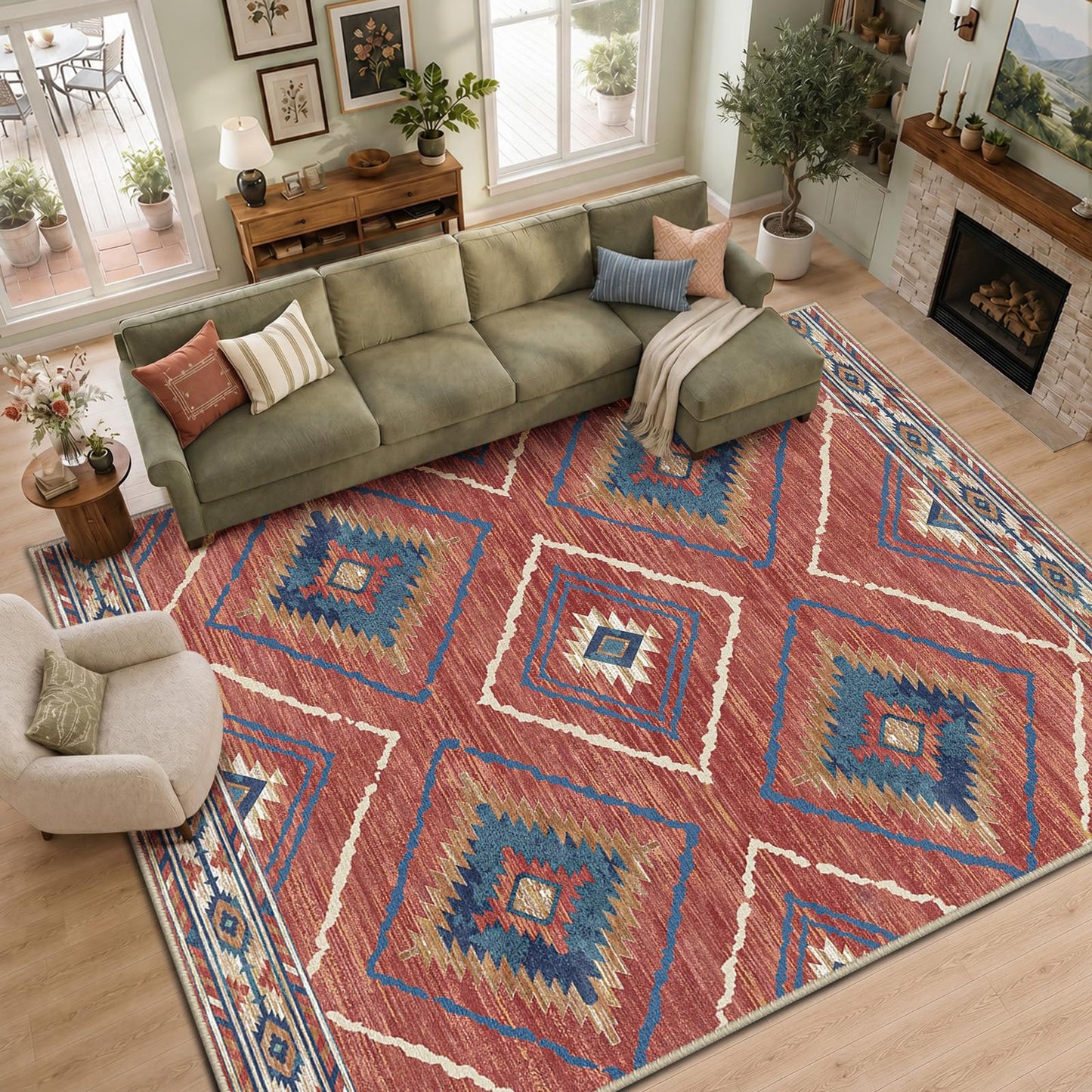 BESTSWEETIE Area Rug 8x10 Machine Washable Non-Slip Low Pile Tribal Western Rug for Living Room Bedroom Entryway - Red/Orange