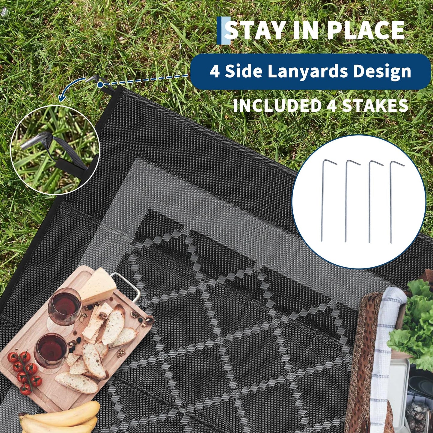 LUXLOOM 8x10 Outdoor Rug Waterproof Portable Plastic Straw Reversible Rugs with Carry Bag & Stakes, UV-Resistant Lightweight Outdoor Carpet Foldable Camping Mat for Patio RV Backyard Picnic Black Grey