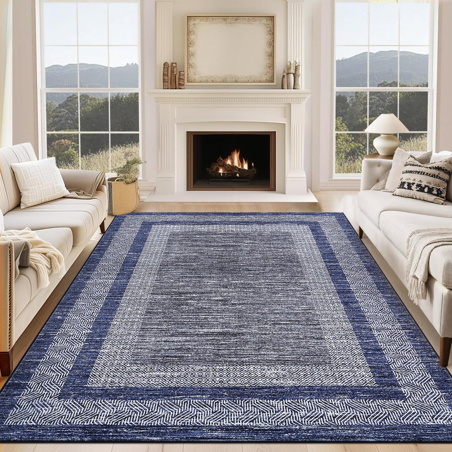 GarveeHome Modern Geometric Area Rug 5x7 Distressed Bordered Rug Washable Non Slip Floor Carpet Non Shedding Thin Rug, Soft Low Pile Rug, Contemporary Blue Rug for Dining Room, Living Room
