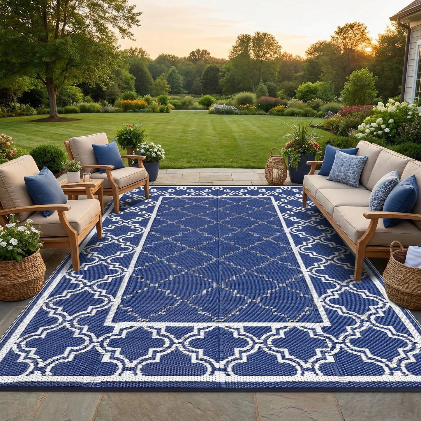 Garvee Reversible Outdoor Rug 5x8, Waterproof Outdoor Plastic Straw Rug with Interlacing Pattern, RV Mat for Picnics, Patio, Camping, Balcony, Deck, Backyard, Porch, Blue