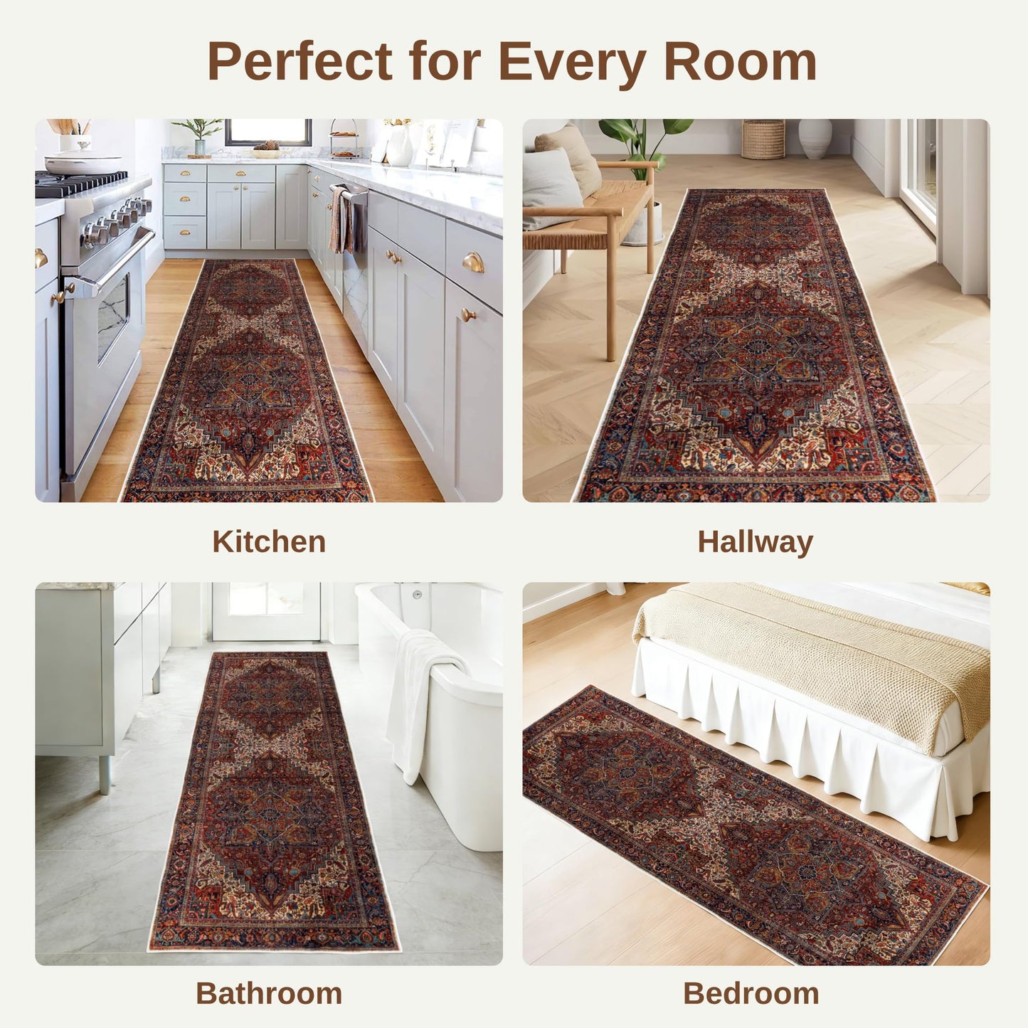 PESSEN Red 2x6 Washable Runner Rug for Hallway Kitchen Bedroom Laundry Bathroom, Non Slip Low Pile Stain Resistant Soft Faux Wool, Pet & Kids Friendly