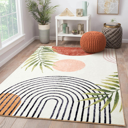 RoomTalks Mid Century Modern Washable Rug, Boho Cute Aesthetic 4x6 Area Rugs for Bedroom Dining Living Room Kitchen, Abstract Tropical Leaves Non Slip Thin Indoor Entryway Rug Accent Floor Carpet