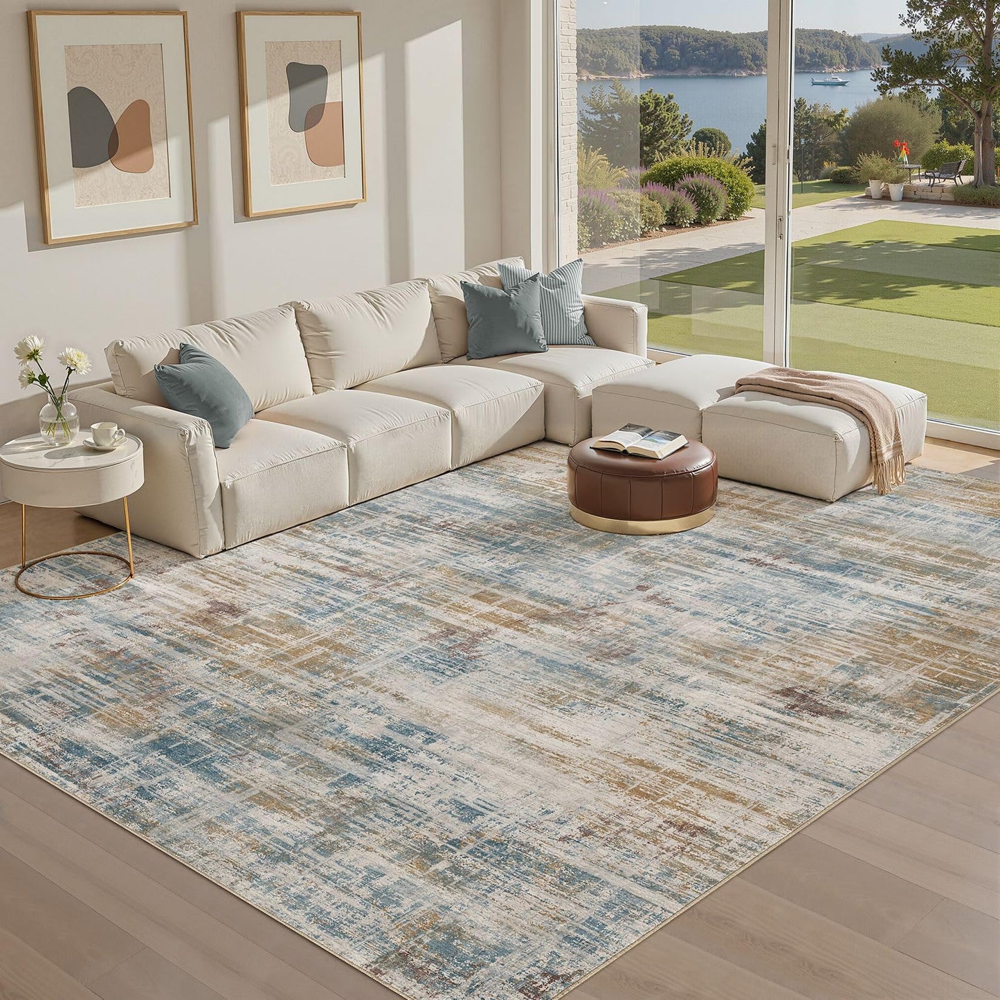 UERMEI 10x12 Area Rug for Living Room: Washable Modern Neutral Abstract Large Soft Low Pile Carpet Non-Slip Pet Kids Friendly Indoor Decor for Bedroom Dining Room Home Office Nursery Blue Brown