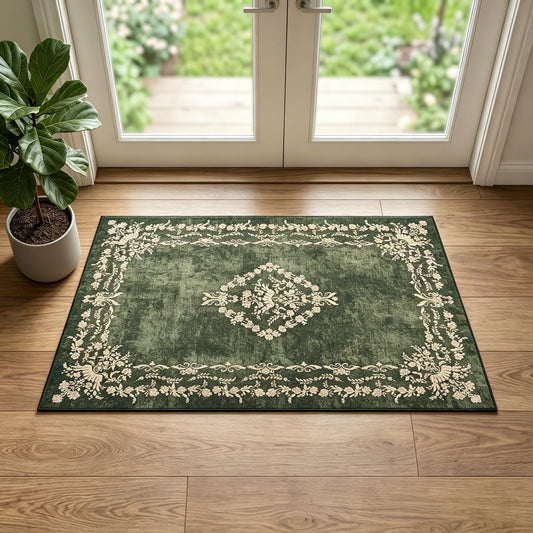 FlyDOIT Entryway Rug 2x3 Washable Area Rugs for Bathroom, Vintage Boho Floral Distressed Inside Door Mat, Non-Slip Soft Low Pile Indoor Entrance Small Carpet for Kitchen Decor, Green