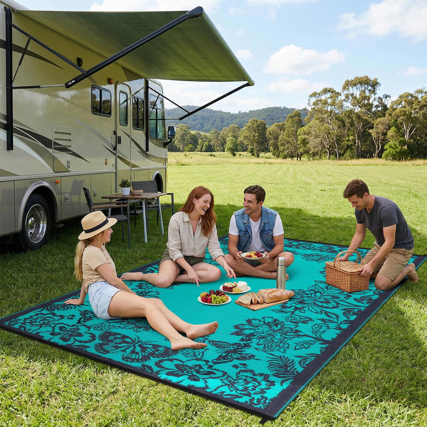 GarveeHome Outdoor Rug 9x12 Patio Waterproof, Reversible Plastic Straw Rugs for Camping, Picnic, Balcony, Porch, RV, Easy-Clean & Quick Dry Floral Pattern Large Indoor Outdoor Carpet, Teal
