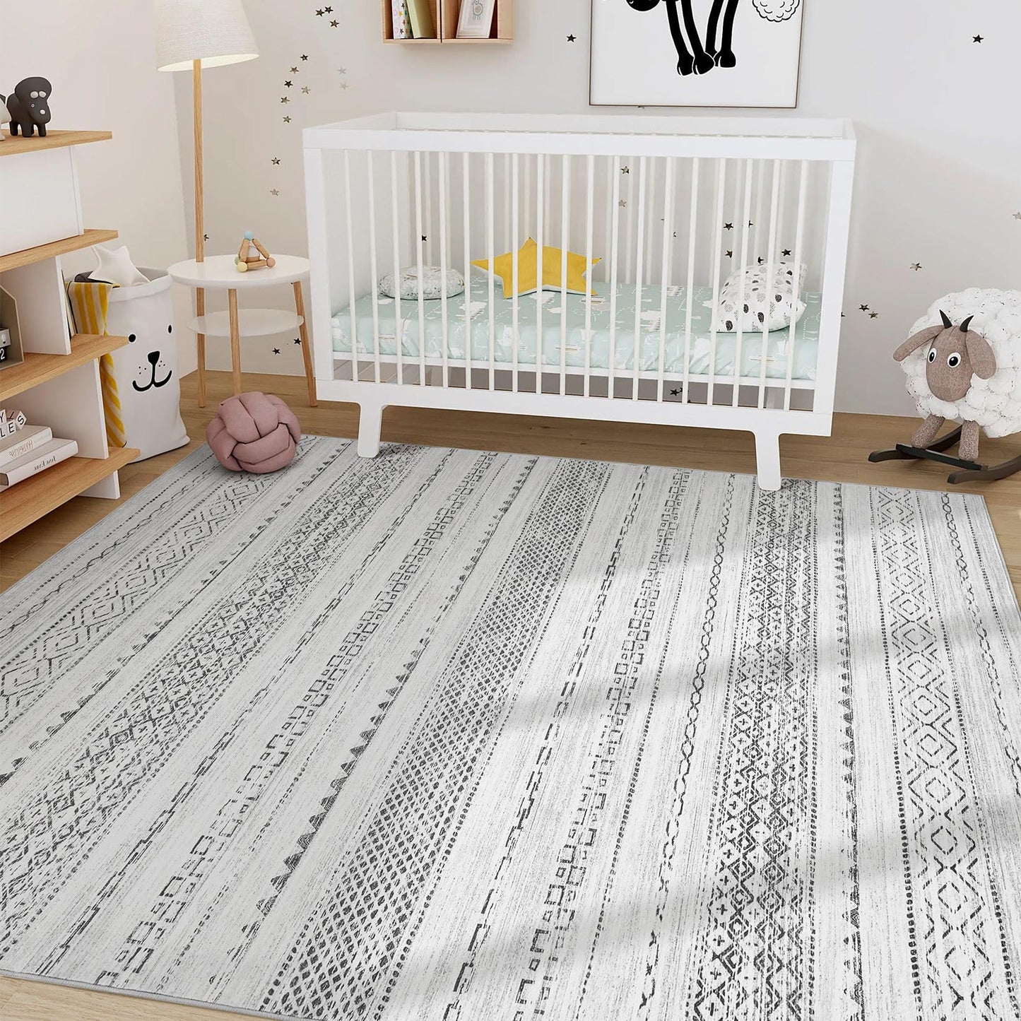 Nakagishi Area Rug Living Room Rugs: 5x7 Machine Washable Boho Large Neutral Farmhouse Stain Resistant Moroccan Indoor Floor Carpet for Bedroom Nursery Dorm Classroom Playroom Dining Room House- Grey