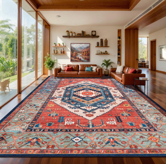 SERISSA Washable Rugs 9x12 Area Rugs, Large Non-Slip Boho Living Room Rust Rug, Ultra Soft Vintage Print Distressed Oriental Tribal Farmhouse Carpet for Dining Room Bedroom Dorm Office Home Decor