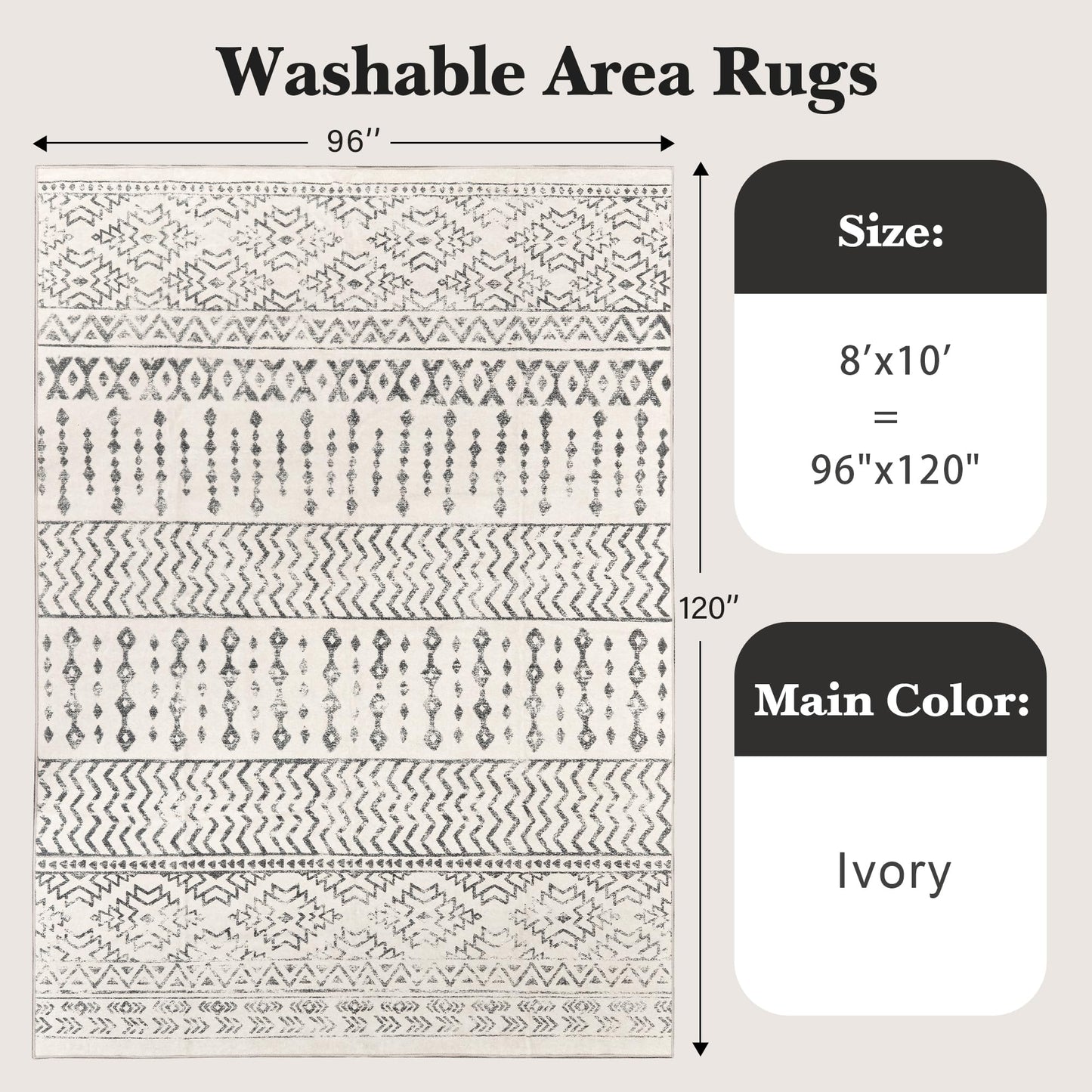Art&Tuft 8x10 Area Rug, Super Soft Washable Rugs 8x10, Anti-Slip Backing Area Rugs for Living Room, Foldable Ultra-Thin Moroccan Area Rug(8'x10', Ivory)