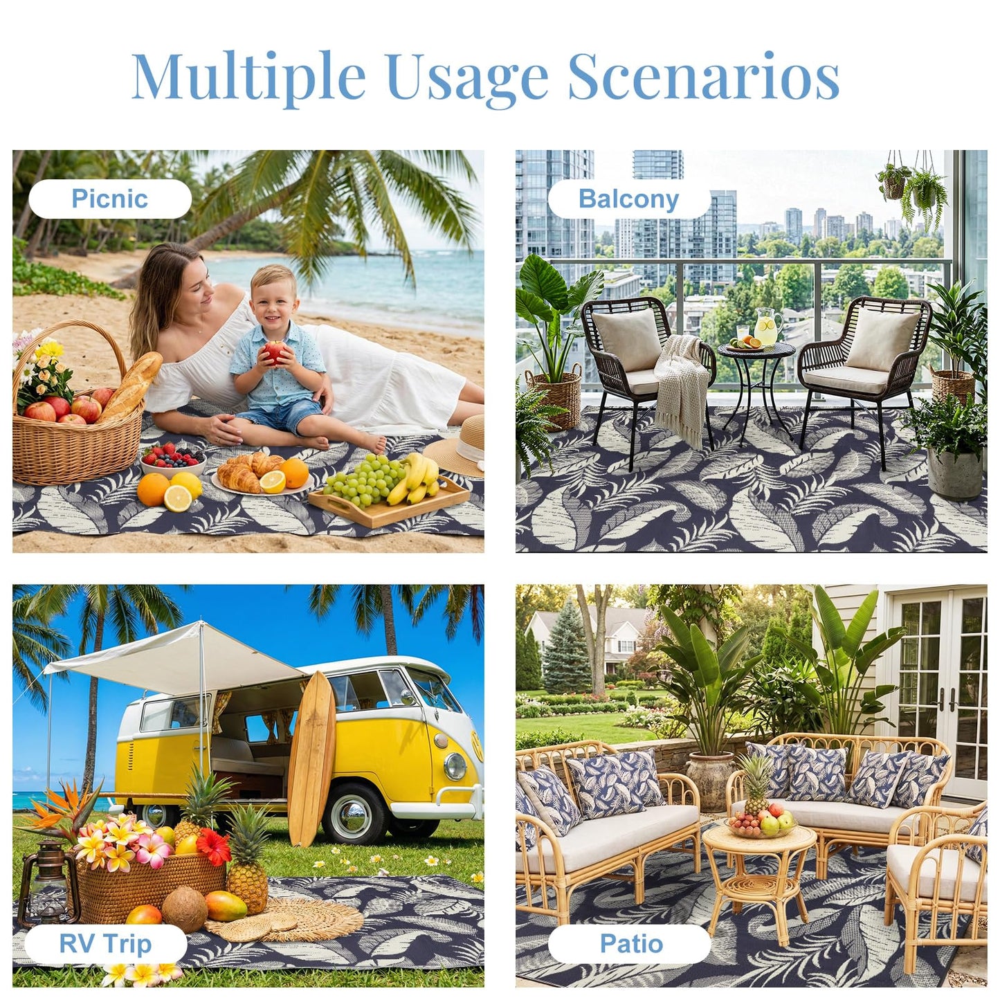 OPPODREAM Reversible Outdoor Rug 8x10, Waterproof Outdoor Plastic Straw Rug for Patio, Tropical Leaf RV Camping Rugs for Outside, Deck, Balcony, Porch, Backyard, Camping, Rv, Navy and Beige