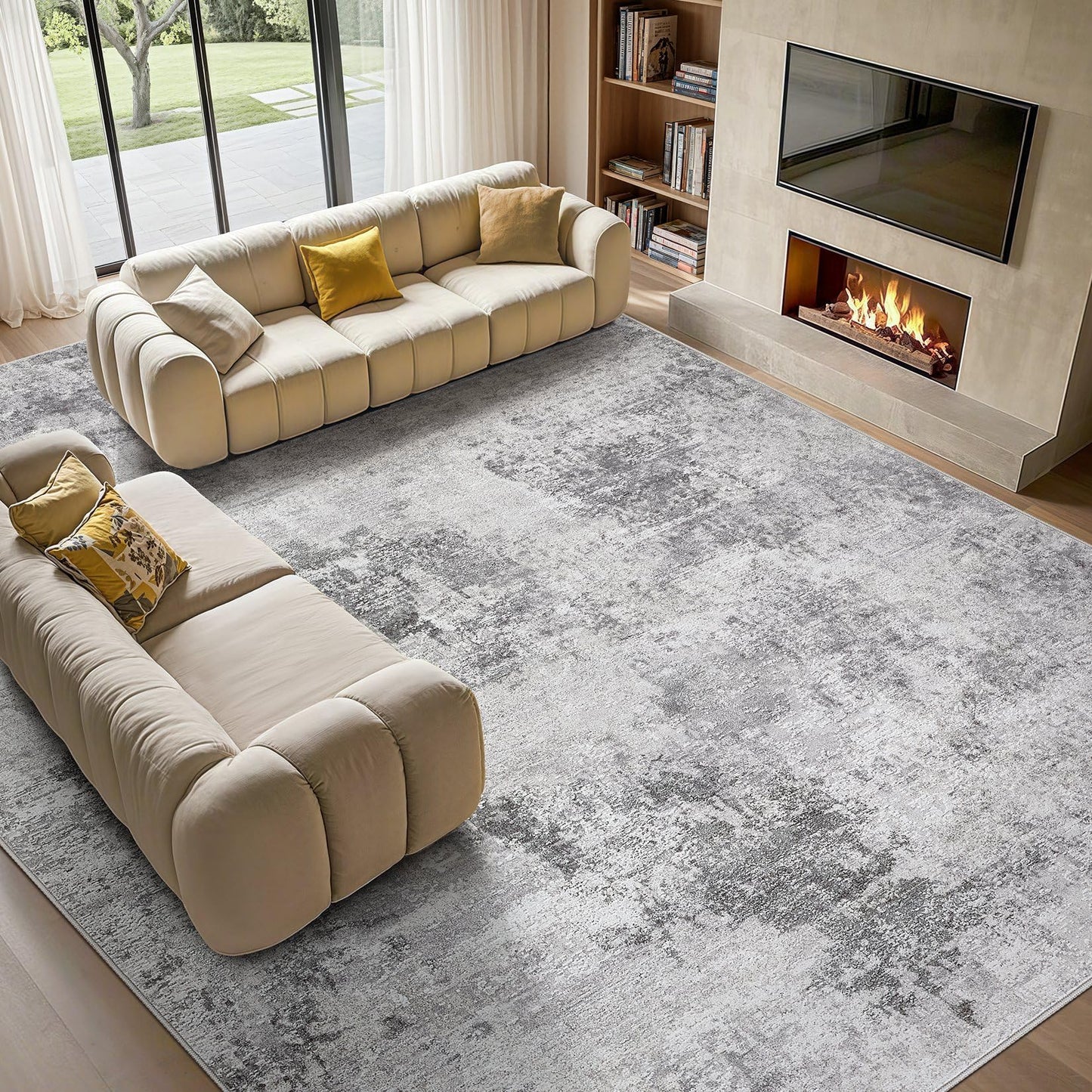 Tortania Washable 10x14 Area Rug for Living Room: Modern Abstract Neutral Large Soft Thin Rugs - Non Slip Indoor Carpet for Bedroom Dining Room Office Nursery Home Floor Decoration - Smoky Gray