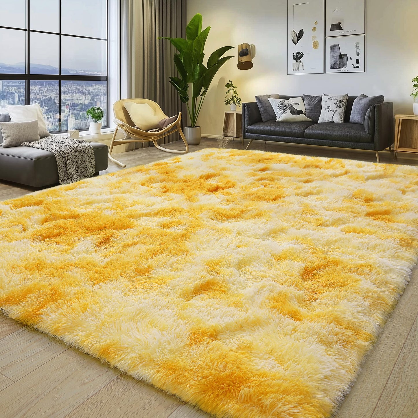 Large 8x10 Area Rugs for Living Room, Tie-Dyed Yellow Soft Shag Rug for Bedroom, Non-Slip Ultra Fluffy Rug, Modern Plush Carpet for Girls Boys Kids Room Dorm, Fuzzy Rug for Home Decor Aesthetic