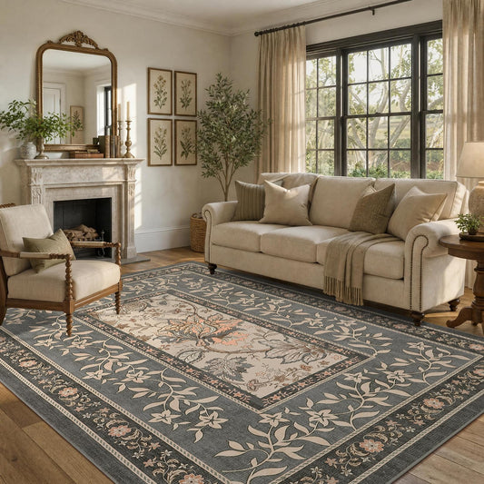 GarveeHome Grey Area Rug 5x7 Washable Cottage Core Vintage Farmhouse Low-Pile Stain Resistant Non-Slip Rugs for Bedroom Living Room Nursery Kitchen Home Office TPE Backing Indoor Decor