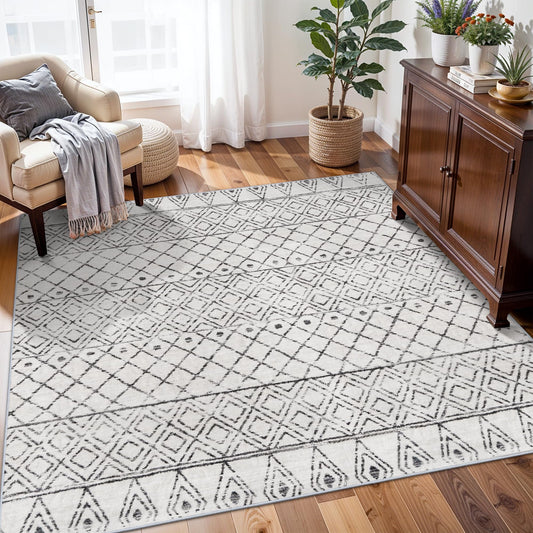 BYYVOO Washable 5x5 Rug Square Moroccan: Non-Slip Soft Indoor Throw Large Carpet - Low Pile Farmhouse Floor Mat for Living Room Bedroom Dining Room - Rugs for Young Families Home 5x5 Geo Grey