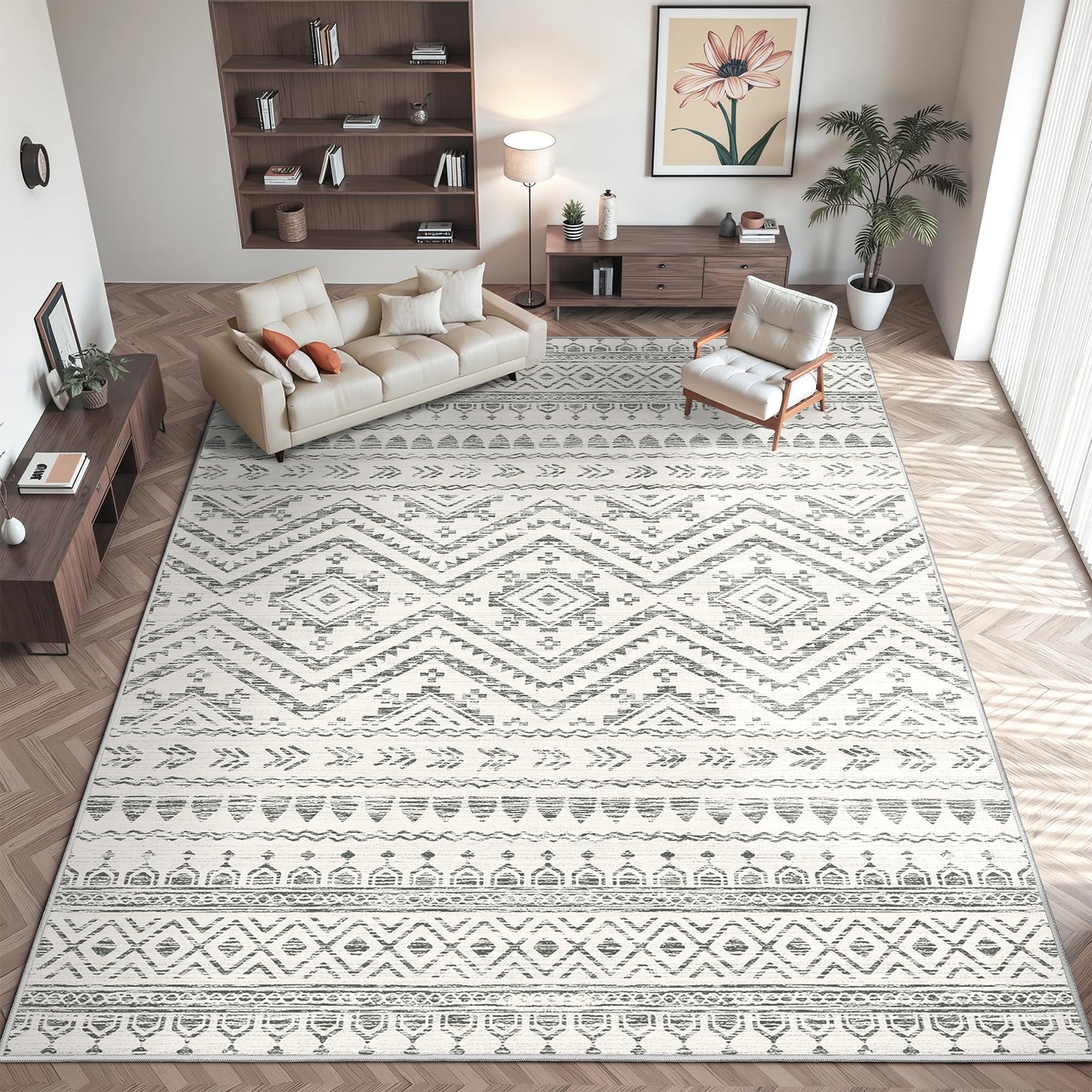 Miukiki 8x10 Area Rug for Living Room Moroccan Washable Rugs Non Slip Indoor Floor Carpet Foldable Large Soft Area Rug for Dining Room Bedroom with Low Pile(Grey,8'x10')