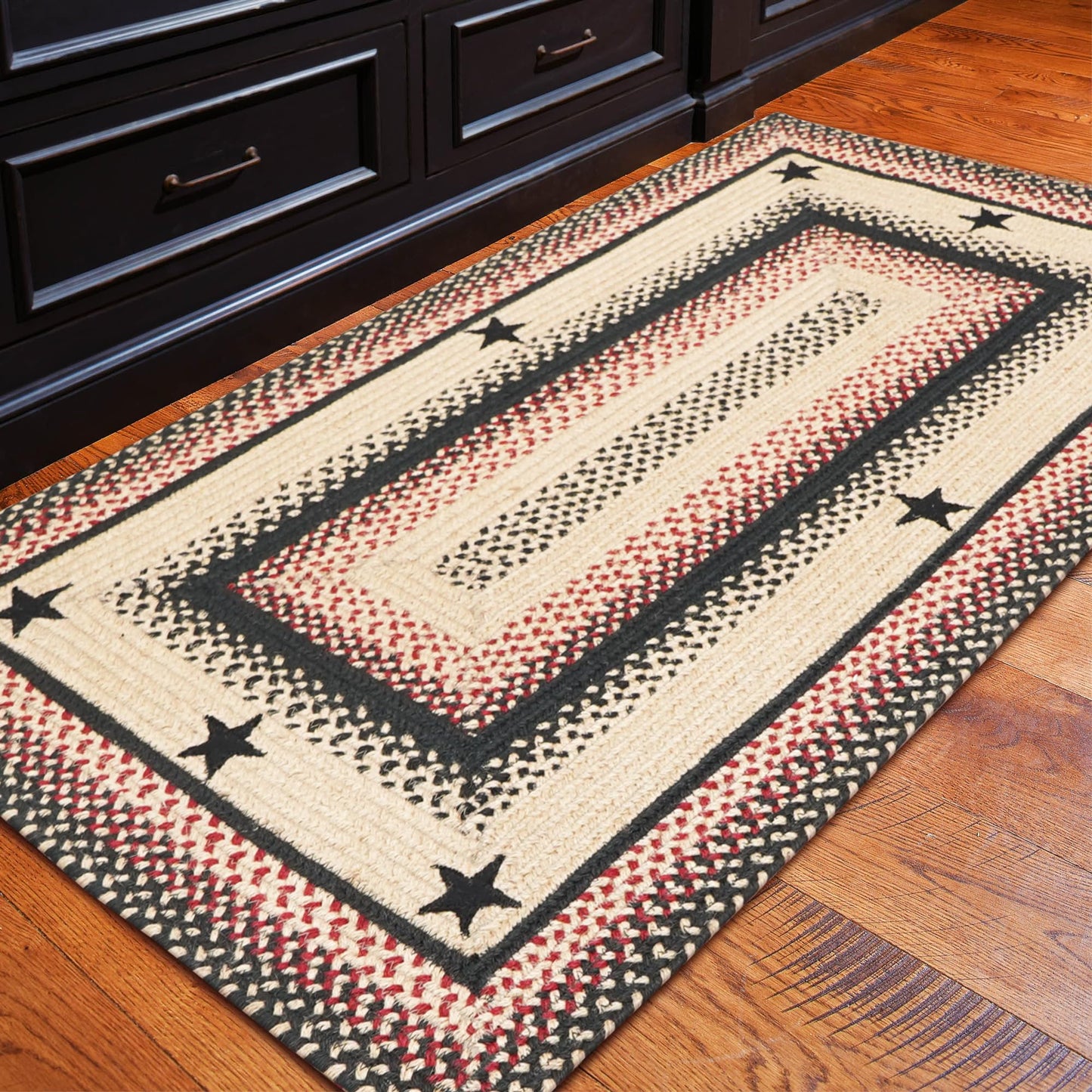 Primitive Star Gloucester Primitive Rugs 27x45 - Black & Brown Braided Rugs Highlighed with Red for Kitchens, Entryways and Bathrooms, Reversible, No Shed Jute for Easy Maintenance