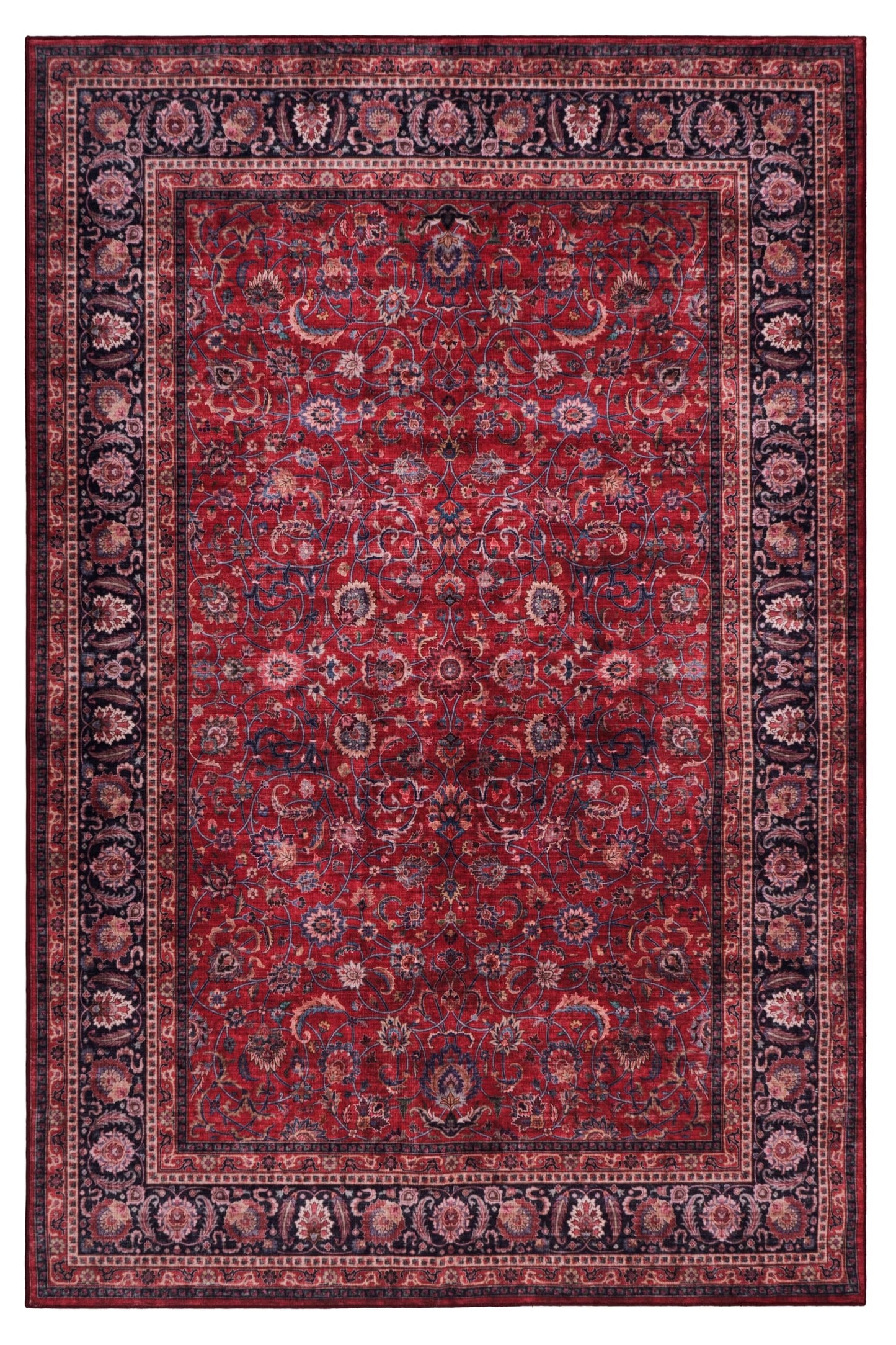 GLN Rugs Traditional - Yildiz - Machine Washable Area Rug, Vintage Washable, Non Slip, Low Pile Area Rug, Entryway, Hallway, Kitchen Rug - Easy Clean (3' x 5' Dark Red)