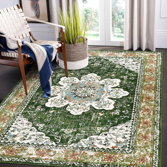 Ileading Bohemian Vintage Area Rug 4x6ft, Machine Washable Low-Pile Accent Carpet, Non-Shedding Non-Slip Living Room Floor Throw Rugs for Bedroom,Dining Room,Kids Playroom,Rv,Office(Green)