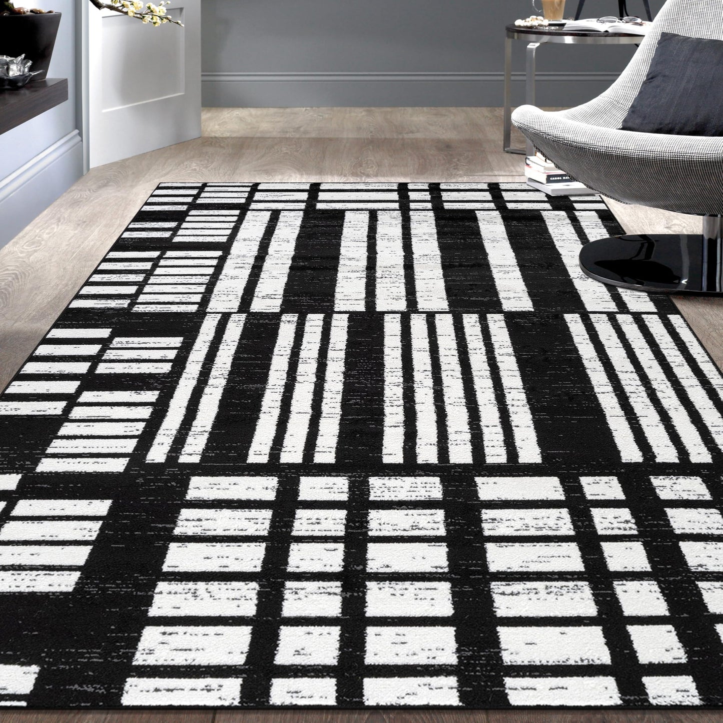 Rugshop Modern Black and White Geometric Area Rug Non-Shedding, Low Pile Indoor Carpet for Living Room, Bedroom, Office – Contemporary Abstract Pattern 4' x 6'