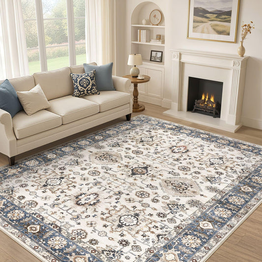 UESRUGS 9x12 Area Rug for Living Room, Washable Vintage Pattern, Non-Slip Stain Resistant Soft Durable Floor Rug for Bedroom & Dining Room - (Blue & Beige)