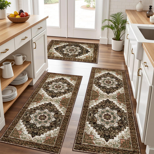 Tritard 100% Non Slip Kitchen Rugs Sets of 3 Washable Boho Kitchen Mats for Floor Vintage Farmhouse Kitchen Rug Soft Runner Rug for Hallway, Laundry Room, Indoor Entryway, Brown
