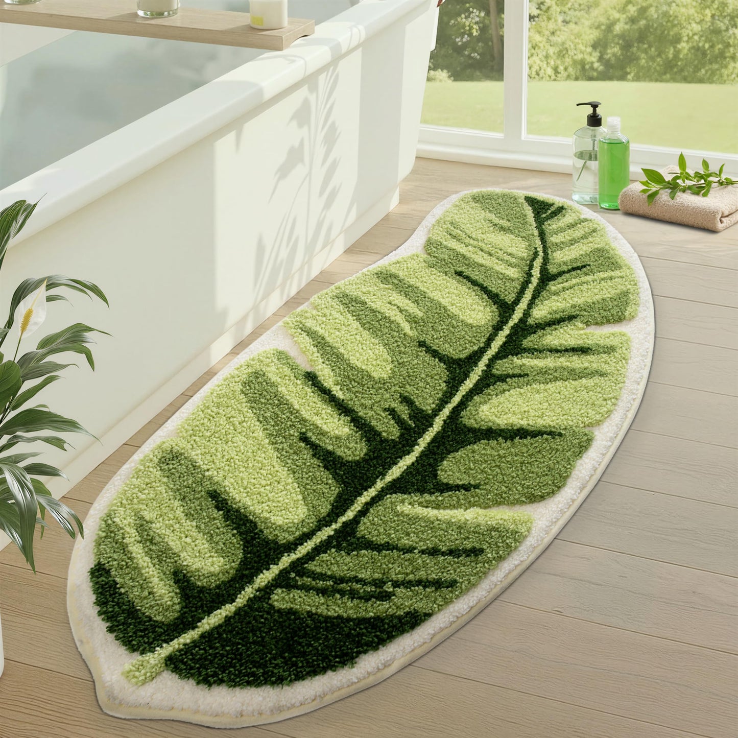 LUMI Cute Bathroom Rugs with Green Leaf Plant, Soft, Fluffy, Plush, Absorbent, Quick Dry, Non Slip, Machine Washable for Shower Floor, Bathroom, Bedroom,Kids Room, 19.5"x39.5", Palm Leaf