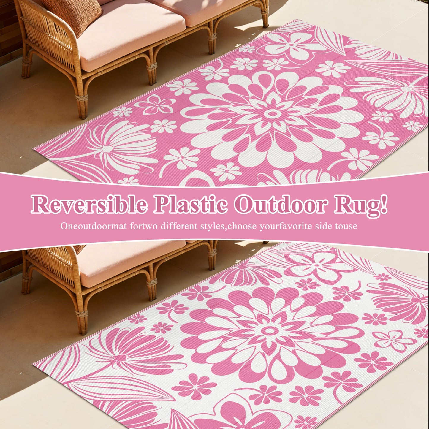Ileading Outdoor Patio Rug, Pink Floral Reversible Outdoor Rug, Waterproof Plastic Straw Mat, Portable Outside Deck Area Rug, Camping RV Carpet for Porch Balcony (5×8 ft)