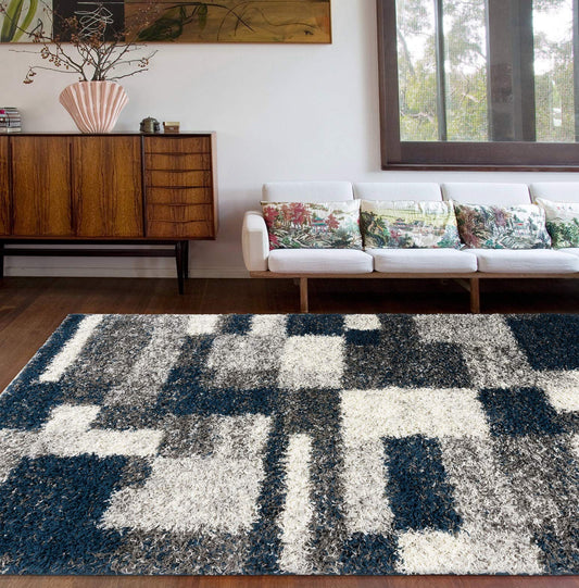 Rugshop Navy Distressed Modern Boxes Plush Shag Area Rug — Non-Shedding Soft for Living Room, Dining Room and Bedroom, 5' x 7'