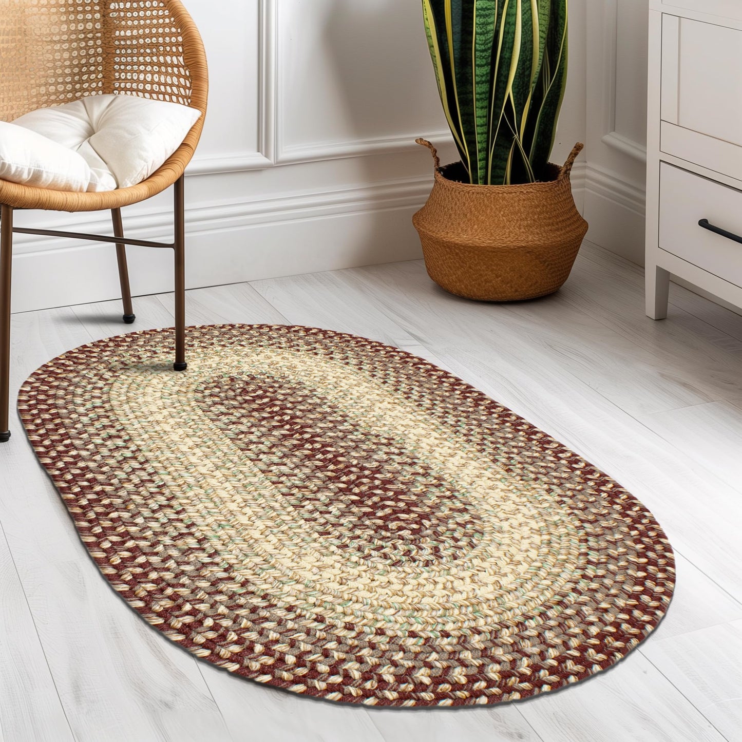 Super Area Rugs Braided Rugs 2X3 Farmhouse Kitchen Rug - Ridgewood Braided Rug for Living Room - Reversible - Indoor/Outdoor - Made in USA - Burgundy/Beige, 2' X 3' Oval