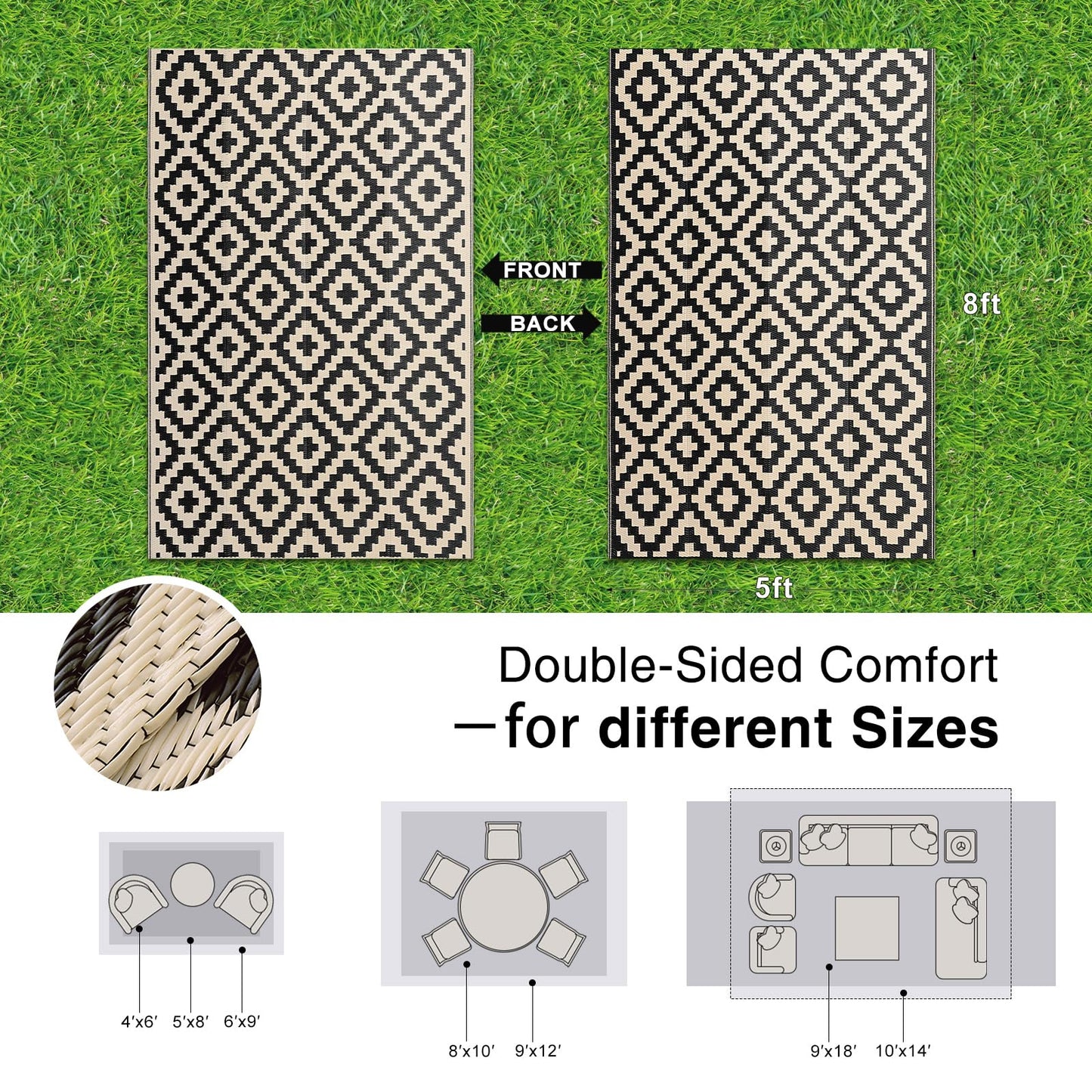 OLANLY Waterproof Outdoor Rug 5x8 ft, Outdoor Plastic Straw Rug for Camping, RV Mat Outside, Outdoor Carpet for Porch, Deck, Backyard, Balcony, Picnic, Black & Beige
