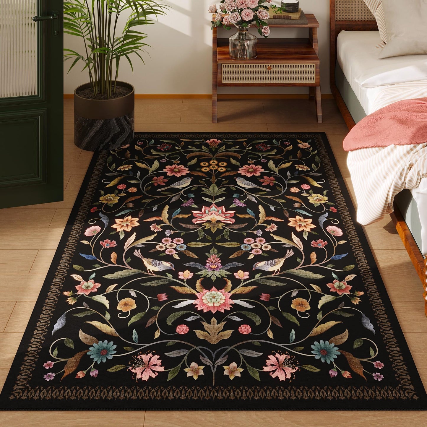 Vowkten Vintage Medallion Floral 3x5 Washable Rug, Soft Low Pile Area Rug, Non-Slip Carpet for Bedside, Bedroom, Bathroom, Entryway, Kitchen, Office, Kids/Girls Room | Black