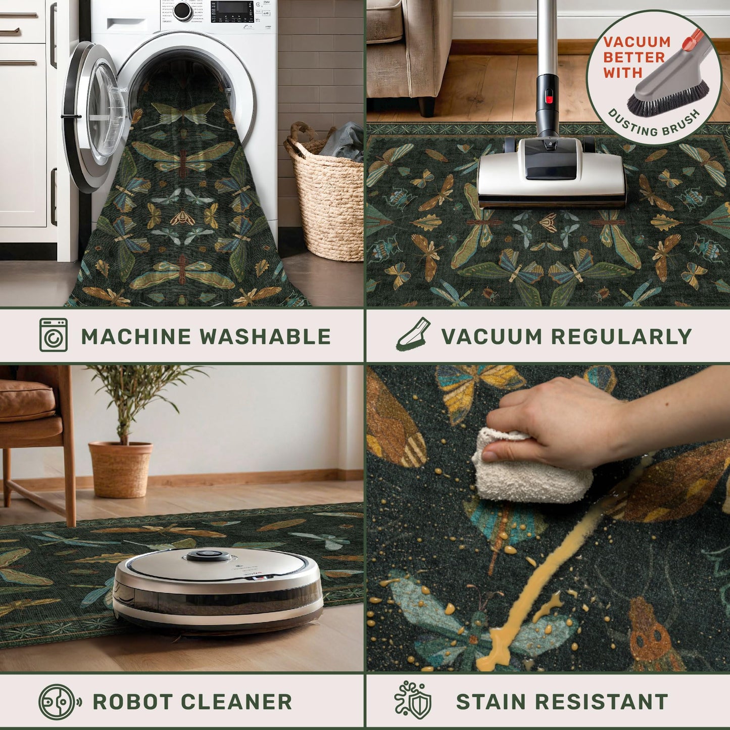 Hazo Haus Dark Green Insect Area Rugs 8x10 for Living Room, Dining Room Under Table, Bedroom, Unique Washable Floral Non Slip Low Pile Soft Rug