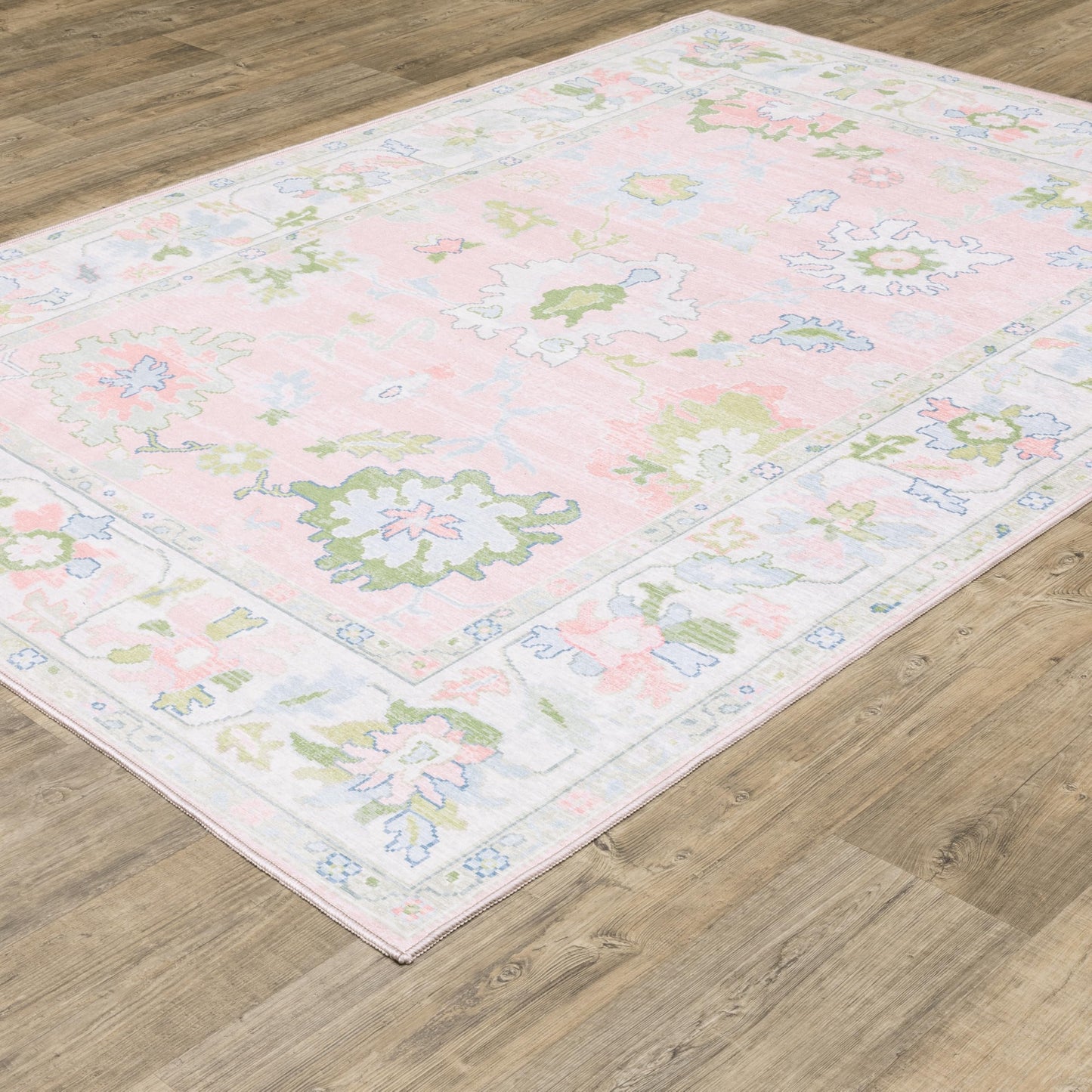 Oriental Weavers Addison ADD04 Machine Washable Flat Weave Printed Area Rug 5' x 7' in Pink/Green Traditional Style, Nursery, Kids Room, Bedroom, Entryway